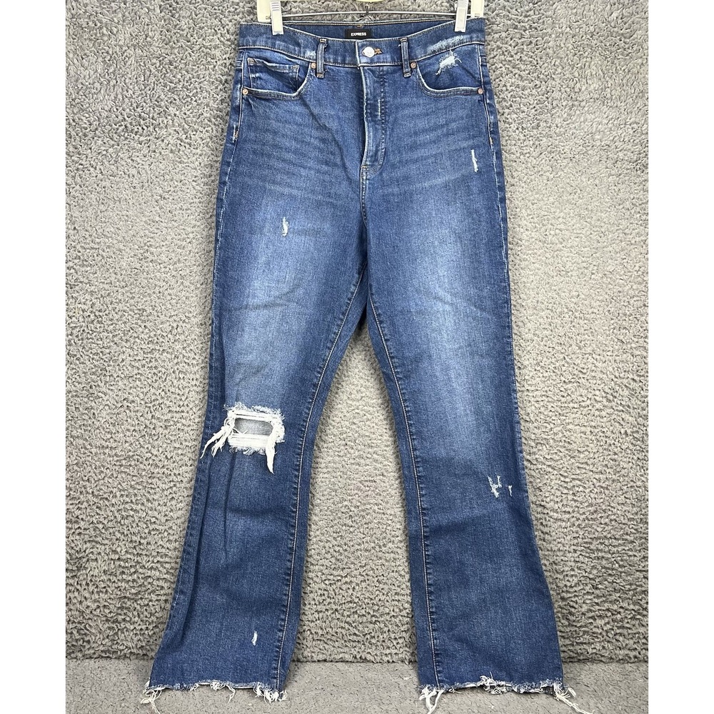 Express 90's High Rise Boot Cut Jeans Womens 10R Distressed Stretch Blue